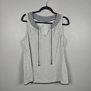 Boden Womens 10 100% Linen Sleeveless Blouse Pom Trim Print Boho Black White